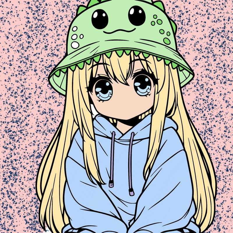 girl with anime shaped eyes with a dinosaur bucket hat oversized sweatshirt long straight hair