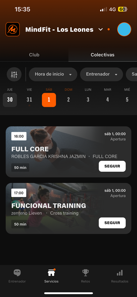 MindFit Chile - MindFit Chile mobile app interface showing a schedule for group fitness classes at Los Leones branch