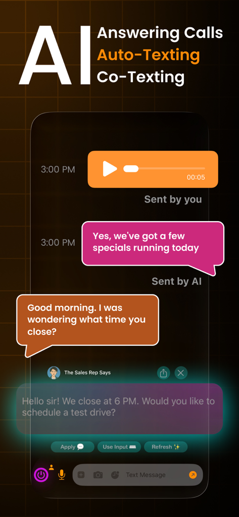 Temp Number - Temphone - Chat-Oberfläche, die die KI-Assistentenfunktion zum Beantworten von Anrufen und automatischen Textnachrichten in der Temphone-App anzeigt.