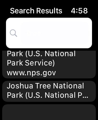 Search With Google - Pantalla de Apple Watch que muestra los resultados de búsqueda de Google para el Parque Nacional Joshua Tree