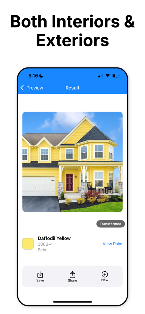 Captura de tela de aplicativo móvel mostrando a transformação do exterior de uma casa amarela usando tinta Behr Daffodil Yellow