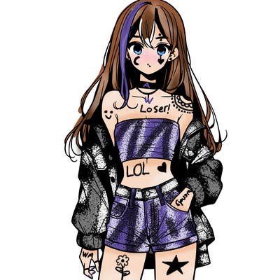 manga teenage girl, with long hair, tube top, off the shoulder jacket, and jean shorts