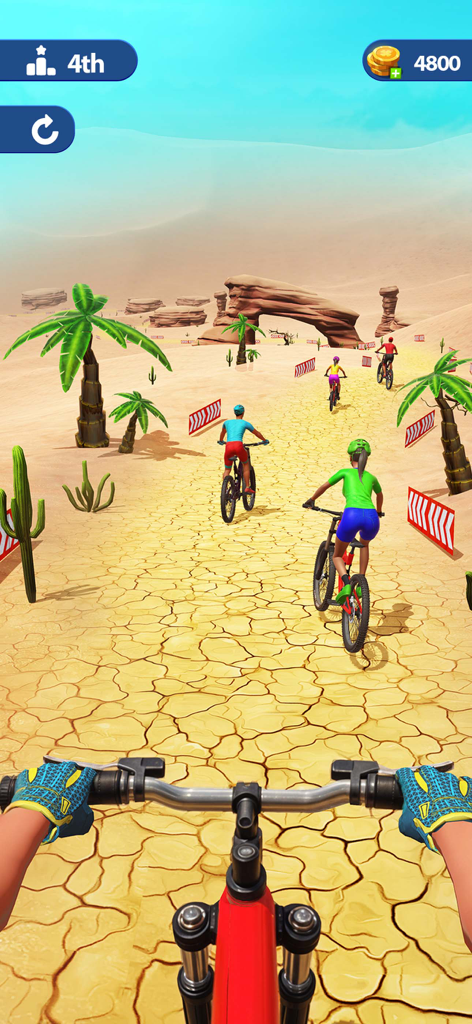 Bicycle Games - BMX Bike Race - Perspectiva en primera persona de una bicicleta BMX compitiendo por un sendero desértico