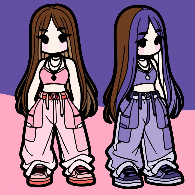 girl in baggy pants crop top and long hair