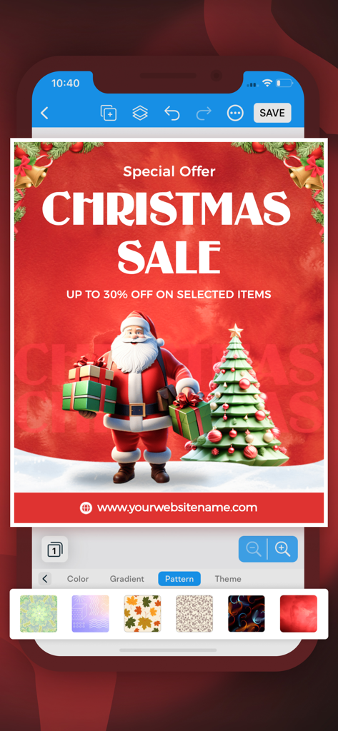 Mobile interface of the Poster Maker app showing a Christmas Sale flyer template with Santa Claus and a Christmas tree.