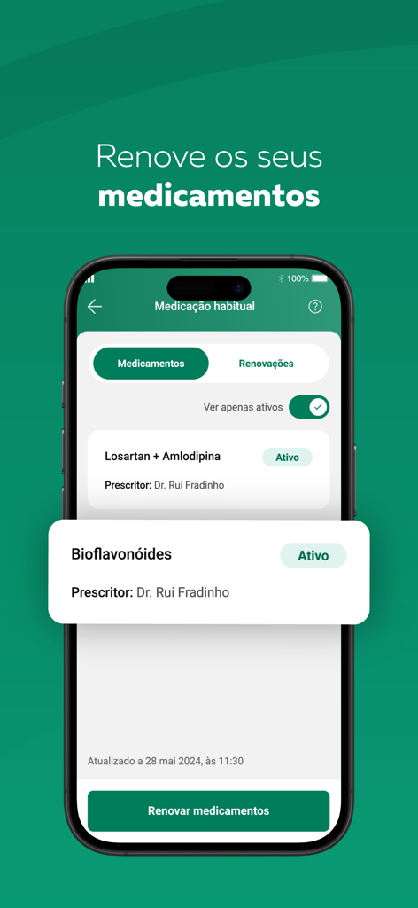 Smartphone screen of the SNS 24 app displaying active medical prescriptions and a button to renew medications