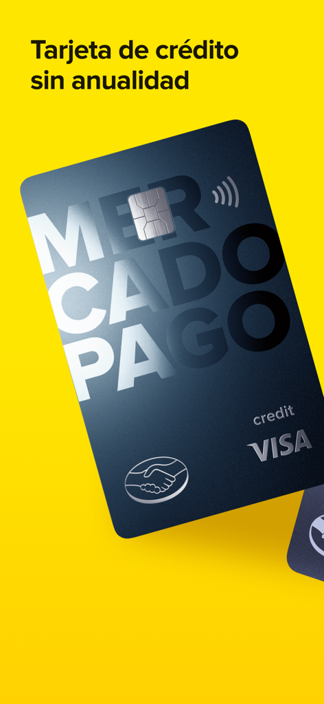 A Mercado Pago Visa credit card on a yellow background featuring the text Tarjeta de credito sin anualidad
