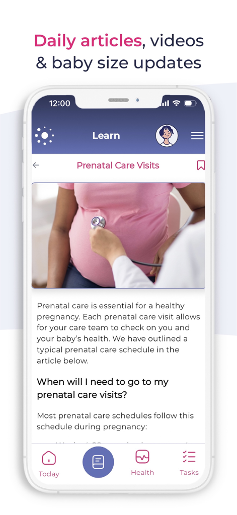 Babyscripts myJourney - Une capture d'écran de l'application Babyscripts myJourney montrant un article éducatif sur les visites de soins prénatals