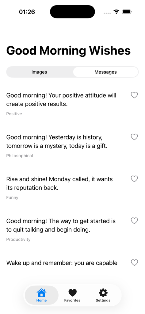 Good Morning GIFs - おはようGIFアプリに表示された感動的な朝の願いとモチベーションを高める引用のリスト。