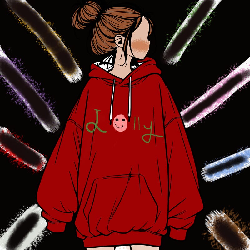 realistic girl with a oversized sweatshirt on and a bun