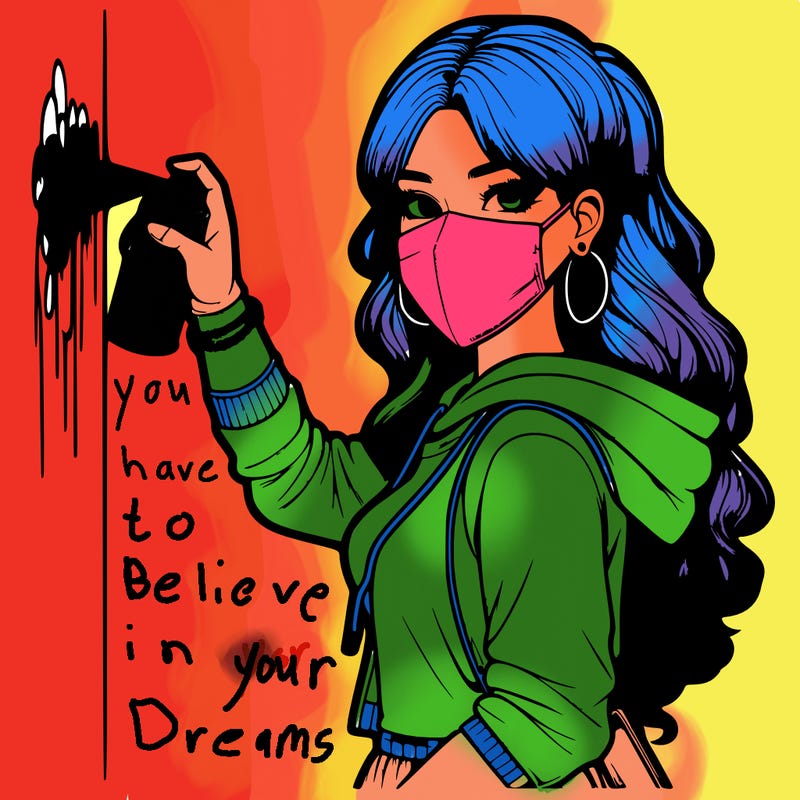 realistic girl with mask spray painting a wall