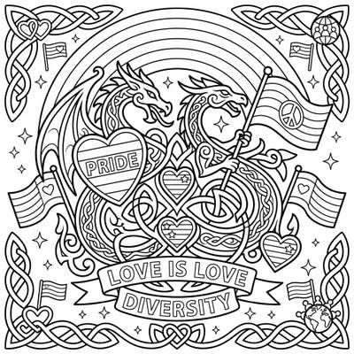 Dive into a vibrant celebration of love and diversity with this unique coloring page, blending powerful Celtic dragon knotwork with joyful Pride Month themes. Perfect for expressing creativity and supporting the LGBTQ+ community.