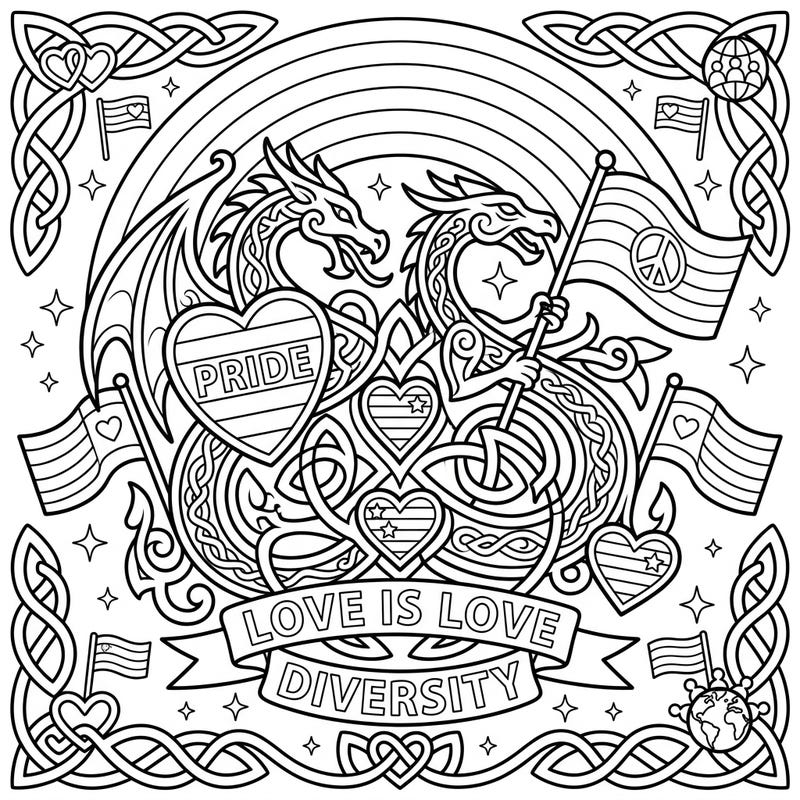 Dive into a vibrant celebration of love and diversity with this unique coloring page, blending powerful Celtic dragon knotwork with joyful Pride Month themes. Perfect for expressing creativity and supporting the LGBTQ+ community.