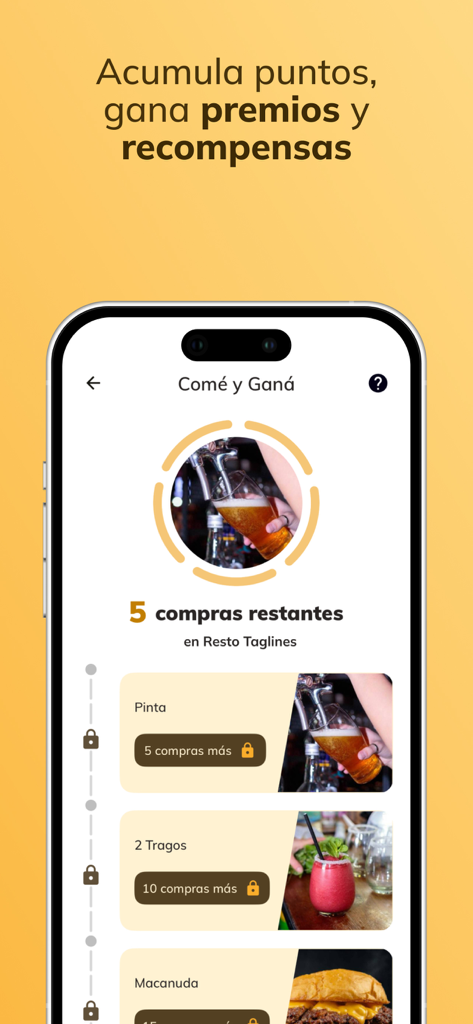 Morfy app loyalty program interface showing progress bars and rewards for food and drinks