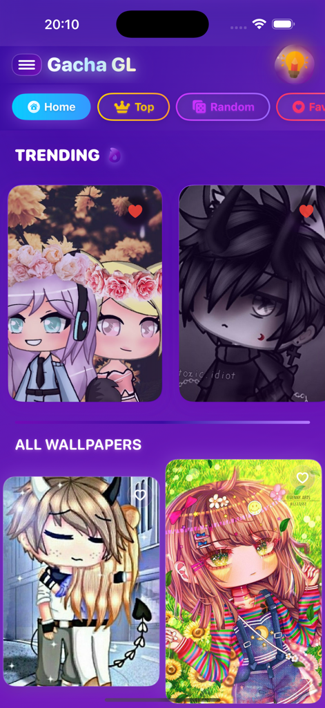 Home screen of the Gacha GL Wallpapers app showing a gallery of trending and aesthetic anime style character backgrounds