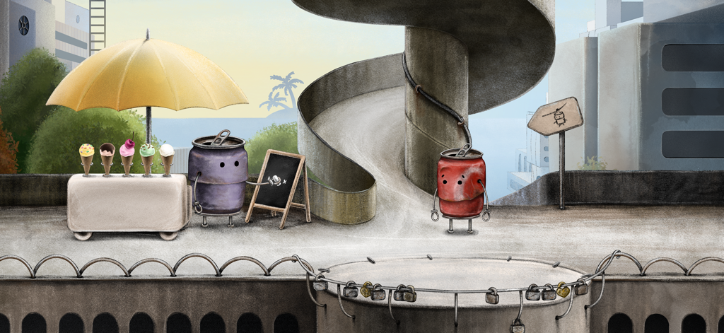 Boxville 2 - Une scène de jeu dessinée à la main de Boxville 2 représentant deux personnages en boîte de conserve métallique debout près d'un chariot de crème glacée et d'une structure en spirale.