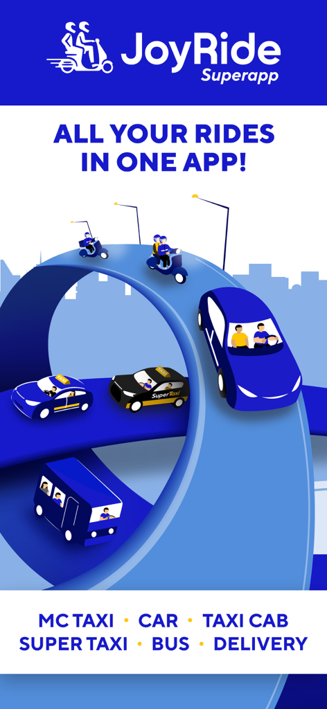 JoyRide: Book Moto Taxi & Car - Graphic of JoyRide Superapp showing various transport and delivery services like motorcycle taxi car bus and delivery