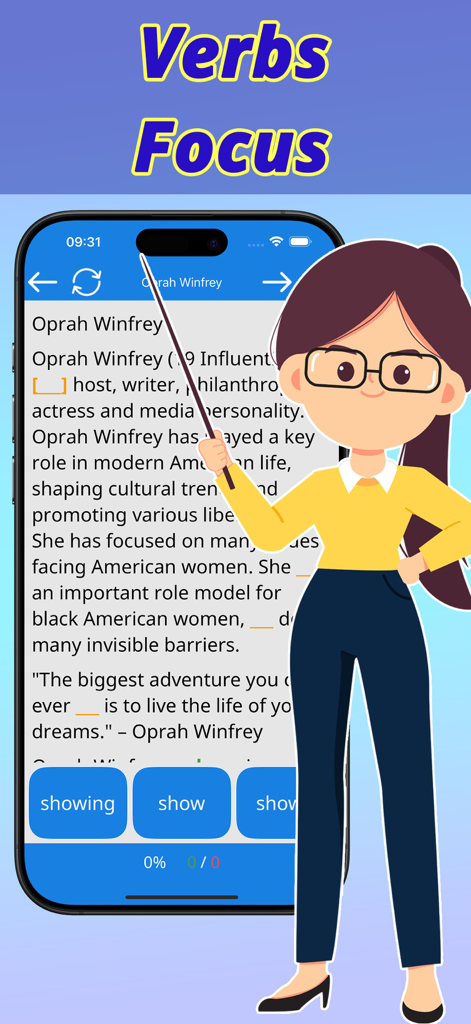 文脈の中で動詞の用法を練習するための読解演習を示す英語学習インターフェース。
