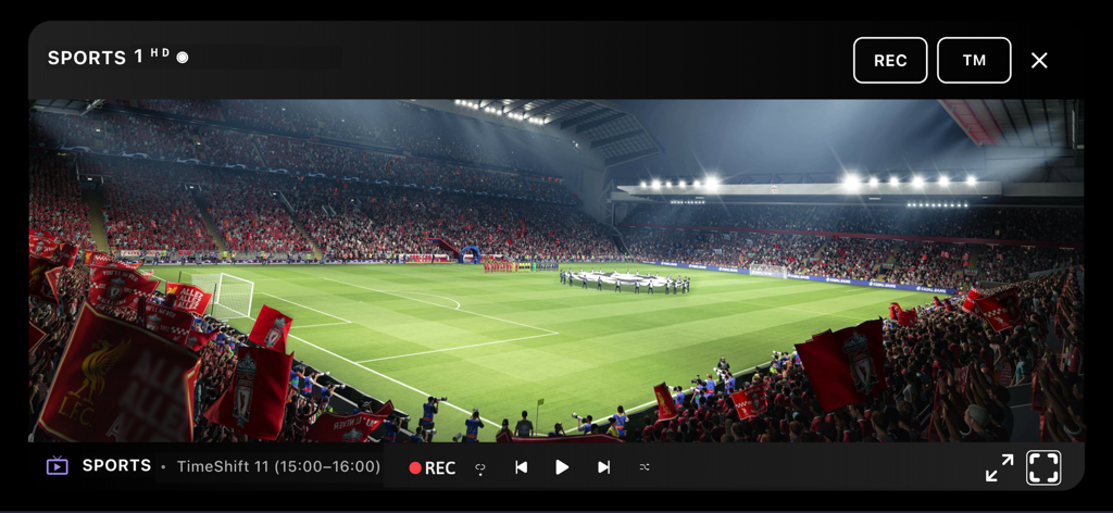 Smarter IPTV Stream app interface showing a live soccer match in high definition with recording and time-shift controls