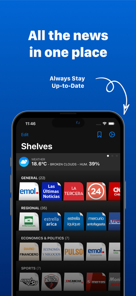 Dashboard of the Chilean Newspapers app featuring regional and national news categories
