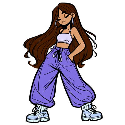 girl in baggy pants crop top and long hair