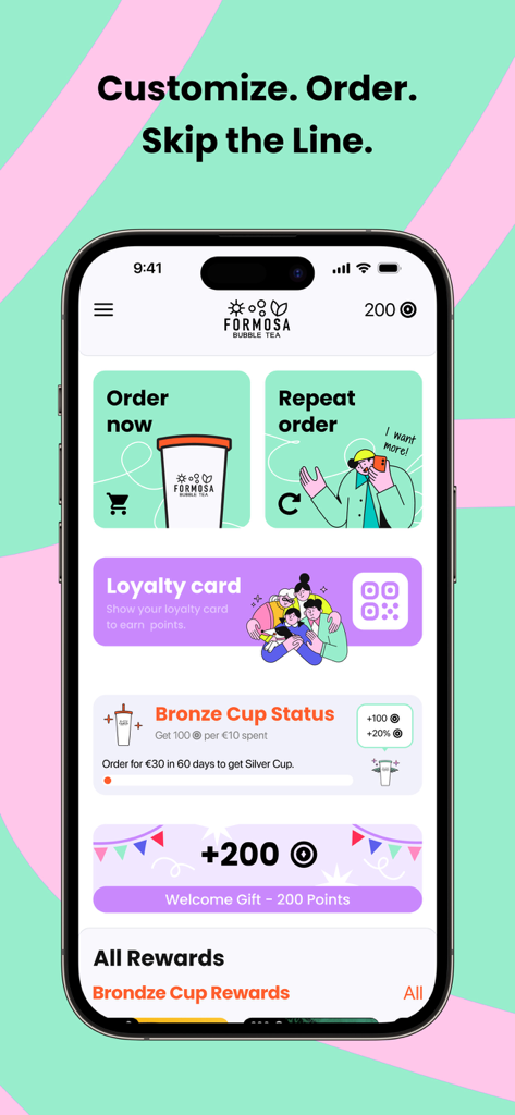 Formosa Bubble Tea - Home screen of the Formosa Bubble Tea app showing loyalty rewards and ordering options.