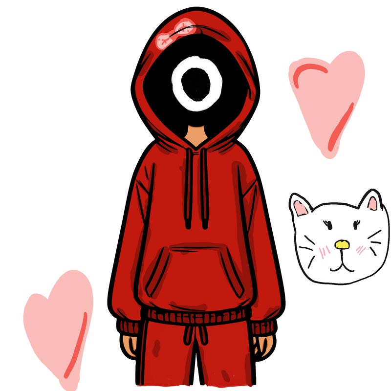 faceless girl in a tracksuit with a hood on and no hair