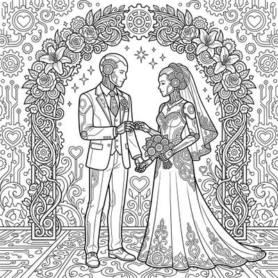 Step into a world where technology meets romance with this unique android wedding coloring page. Perfect for fans of sci-fi, steampunk, and intricate designs, this template invites you to celebrate a truly special union.