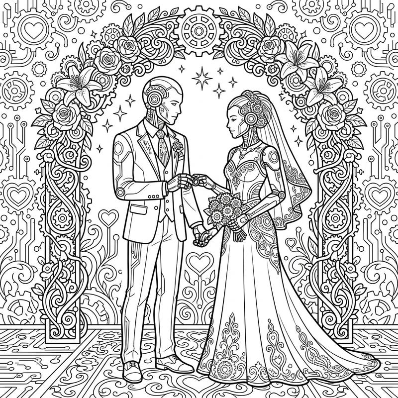 Step into a world where technology meets romance with this unique android wedding coloring page. Perfect for fans of sci-fi, steampunk, and intricate designs, this template invites you to celebrate a truly special union.
