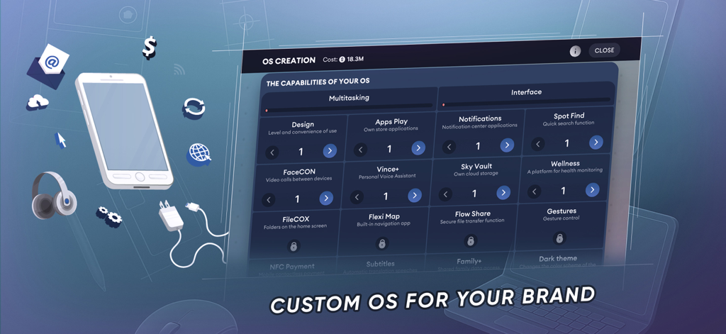 Customizing operating system features and interface in the Devices Tycoon Simulator game