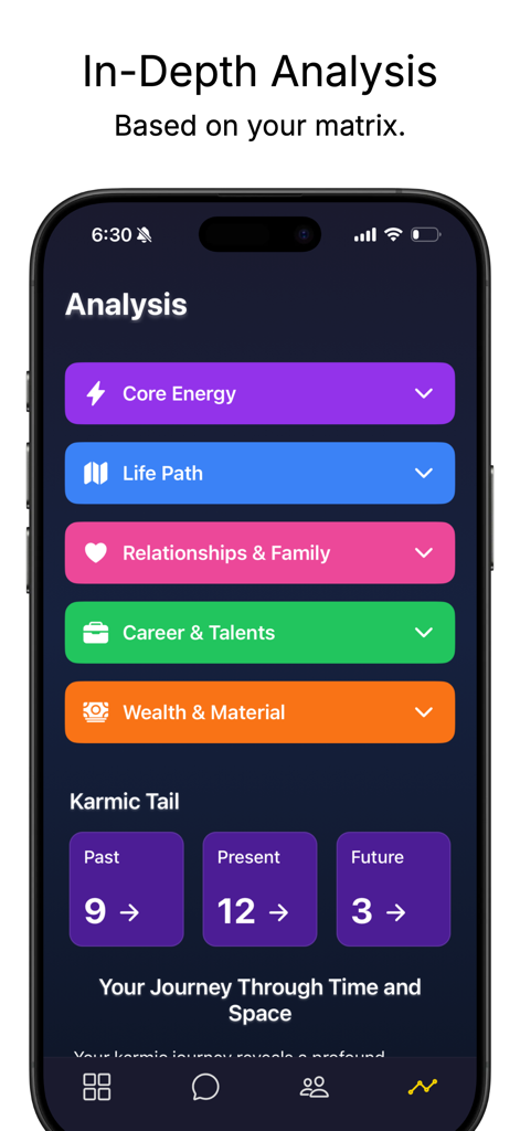Arcana - AI Destiny Matrix - Arcana app screenshot showing the in-depth destiny matrix analysis screen with categories like Core Energy, Life Path, and Karmic Tail.