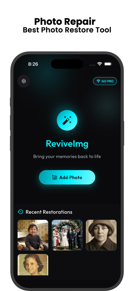Old Picture Restoration AI - Main interface of the Old Picture Restoration AI app featuring an Add Photo button and a gallery of recent photo restorations.