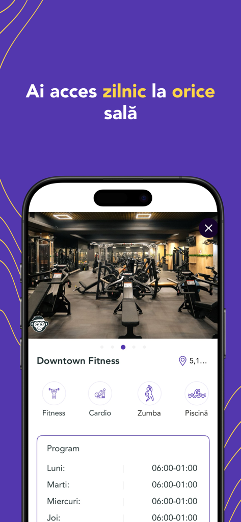 ESX app screen showing gym details with facilities like fitness cardio zumba and pool