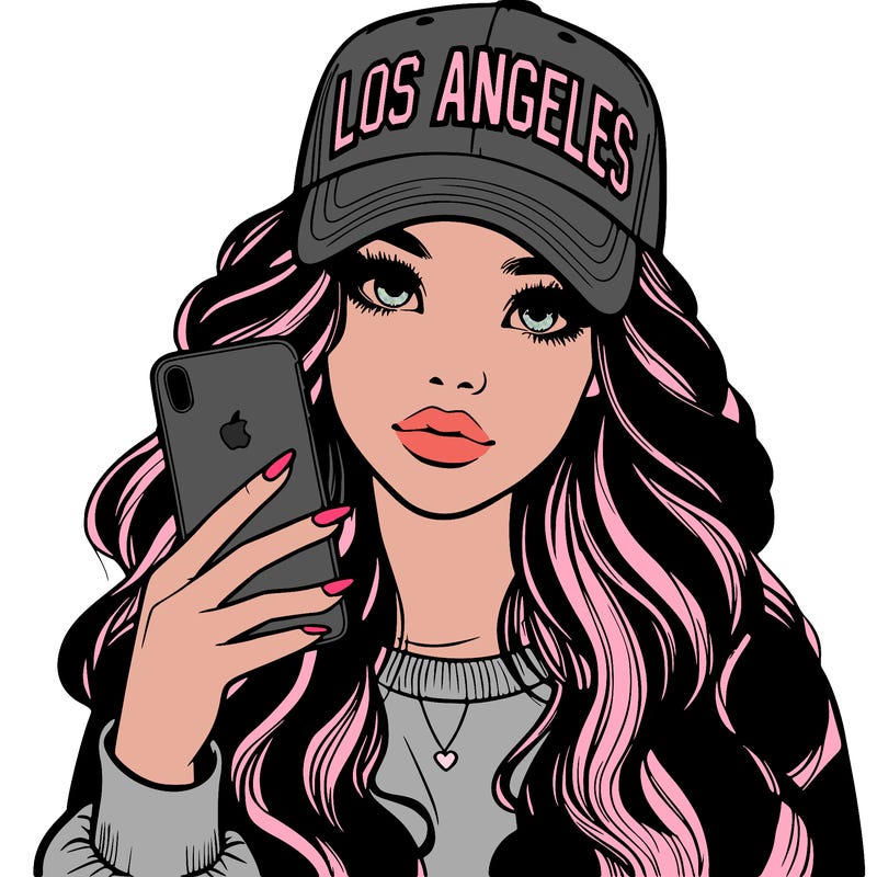 realistic beautiful girl wearing los ángeles cap holding an iphone
