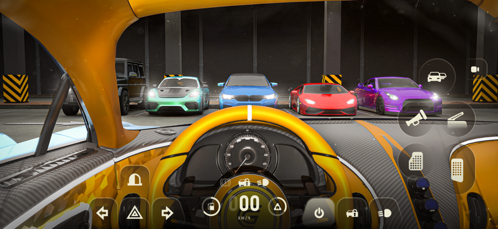 Grand Mobile: RP Open World - Vista de cabina en primera persona de múltiples coches deportivos de alta gama en un garaje.