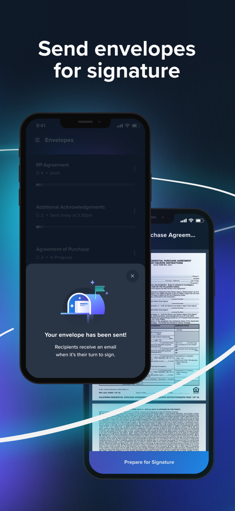 SkySlope - SkySlope mobile app interface showing a sent confirmation for a digital signature envelope on a purchase agreement