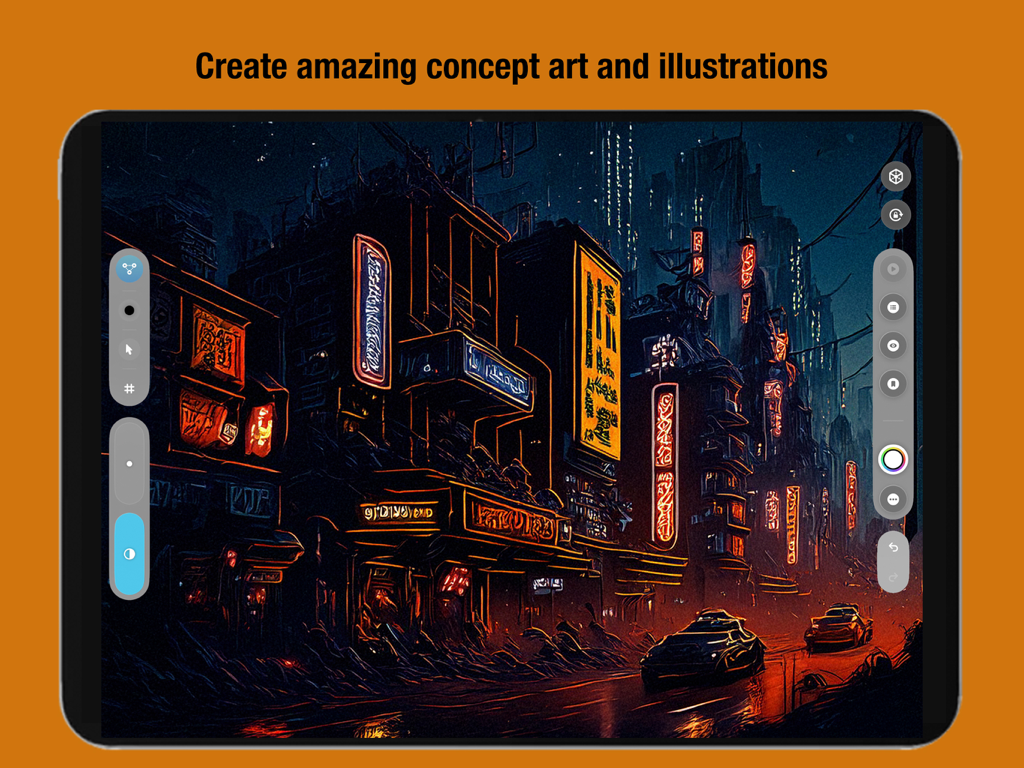 Arte conceptual digital de una ciudad futurista creado con la aplicación VOID en iPad