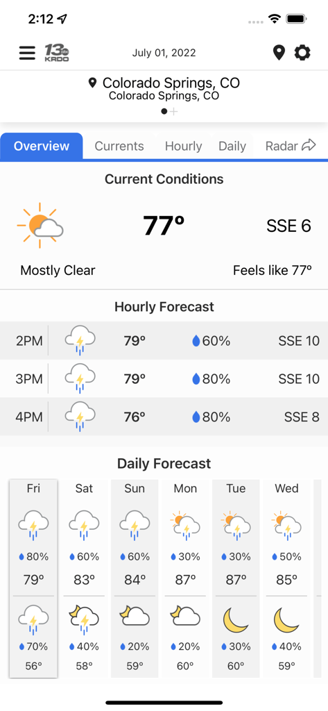 KRDO StormTracker 13 Weather - KRDO StormTracker 13 Weather app overview screen showing current conditions and forecasts for Colorado Springs