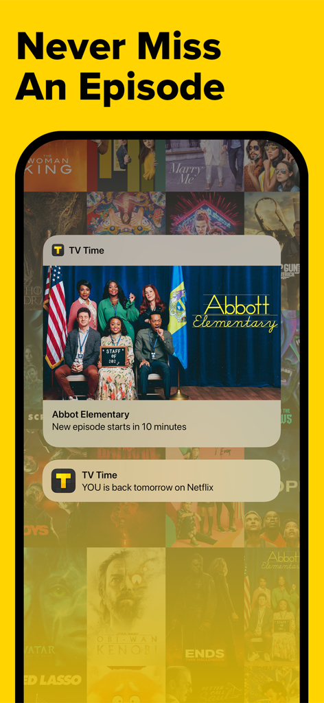 TV Time: Track Shows & Movies - TV Time app interface showing custom show tracking widgets and notifications for Abbott Elementary and You