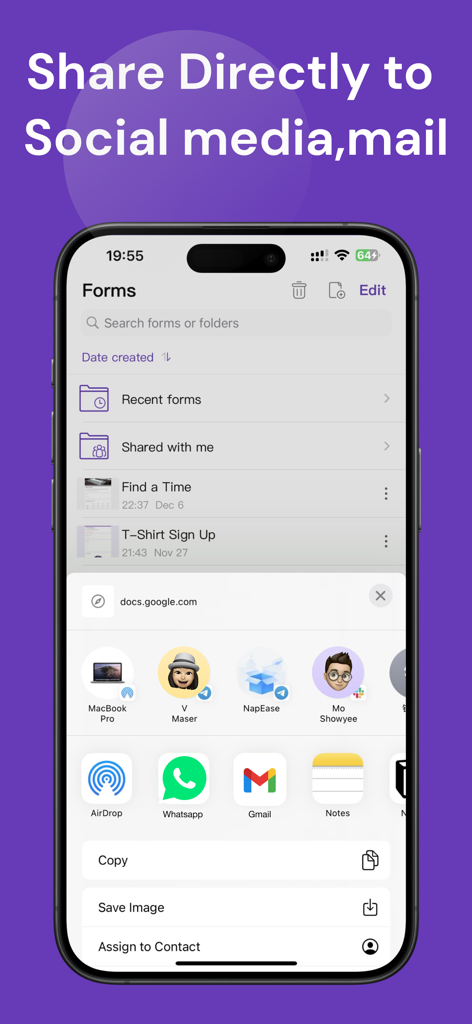 Benutzeroberfläche, die Freigabeoptionen für Google Formulare auf einem iPhone anzeigt, einschließlich WhatsApp und Gmail