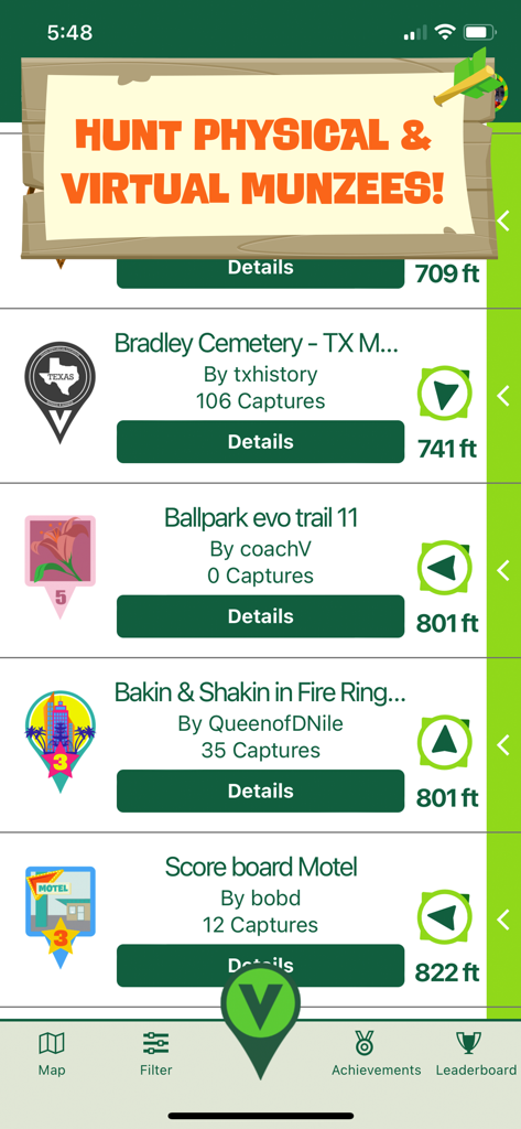 Munzee - Screenshot of the Munzee app showing a list of nearby physical and virtual locations to hunt