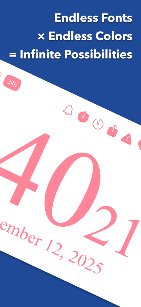 Mugen Clock app interface showcasing customizable fonts and colors with large pink digital numbers