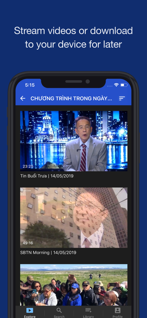 Smartphone screen showing the SBTN go app with a list of Vietnamese news programs and a download option