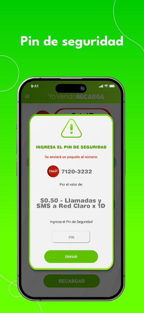 Security PIN entry screen for confirming a mobile top-up transaction in the YoVendoRecarga app.