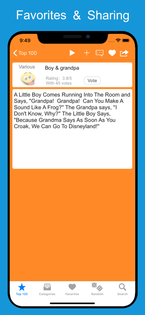 Funny Jokes, Stories & Puns - Interfaz de la aplicación Funny Jokes mostrando un chiste sobre un niño y su abuelo con opciones para marcar como favorito y compartir.