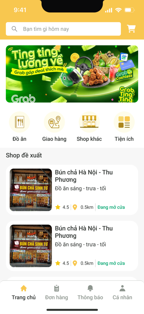 GiaoNhanhVNアプリのホーム画面、食品配達カテゴリーとおすすめのベトナム料理店を表示