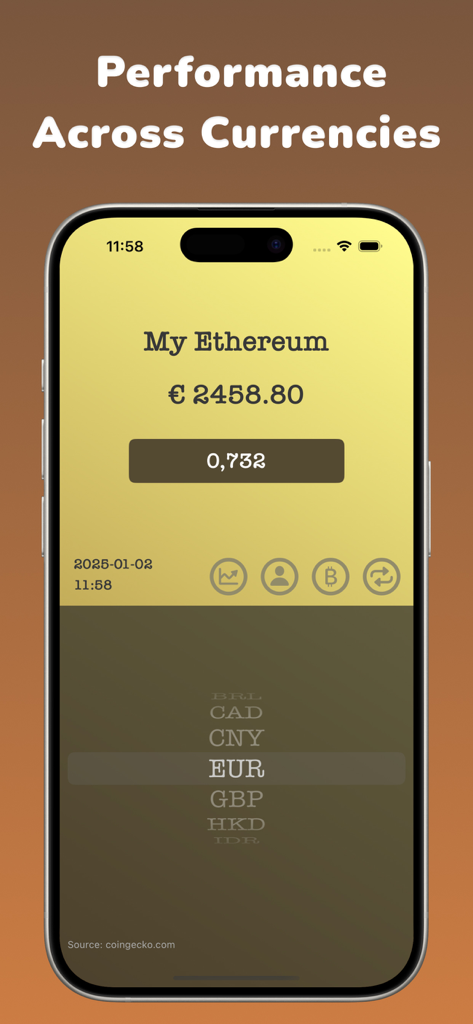 My Crypto - Widget & Chart - Mobile app interface showing Ethereum balance in Euros and a currency selector for international portfolio tracking.