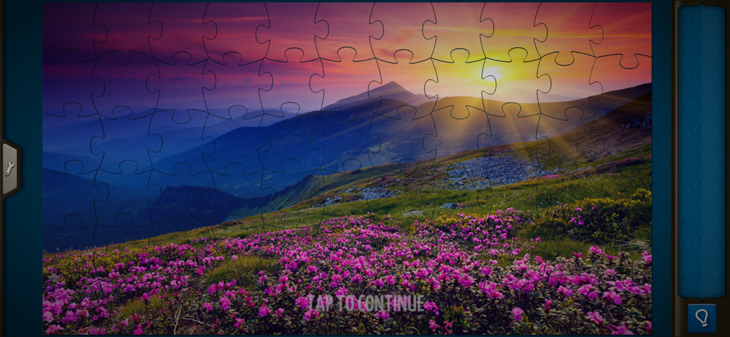Jigsaw Puzzles World - A digital jigsaw puzzle of a mountain landscape with pink flowers at sunset