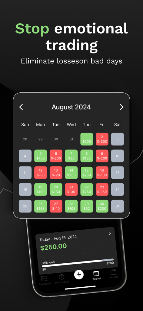 SuperTrader: Trading Tracker - Vue calendrier dans l'application SuperTrader montrant le profit et la perte quotidiens et les performances de trading.