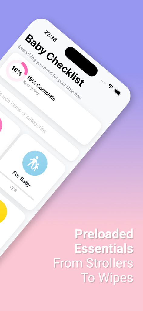 Baby Checklist app home screen showing 18 percent progress and preloaded baby essentials category